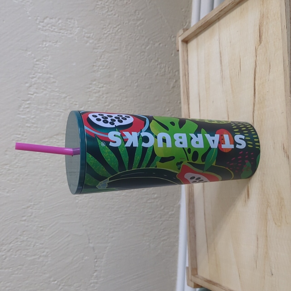 Starbucks Cold Iced Tumbler Metal Coffee Cup 24oz Straw Green Tropical